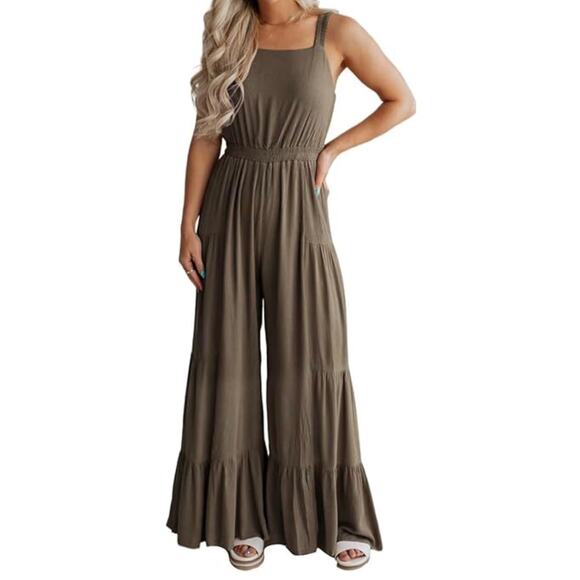 Jumpsuit Brown Flowy Wide-Leg Sleeveless One-Piece Boho Minimalist Style Size L - Picture 1 of 12